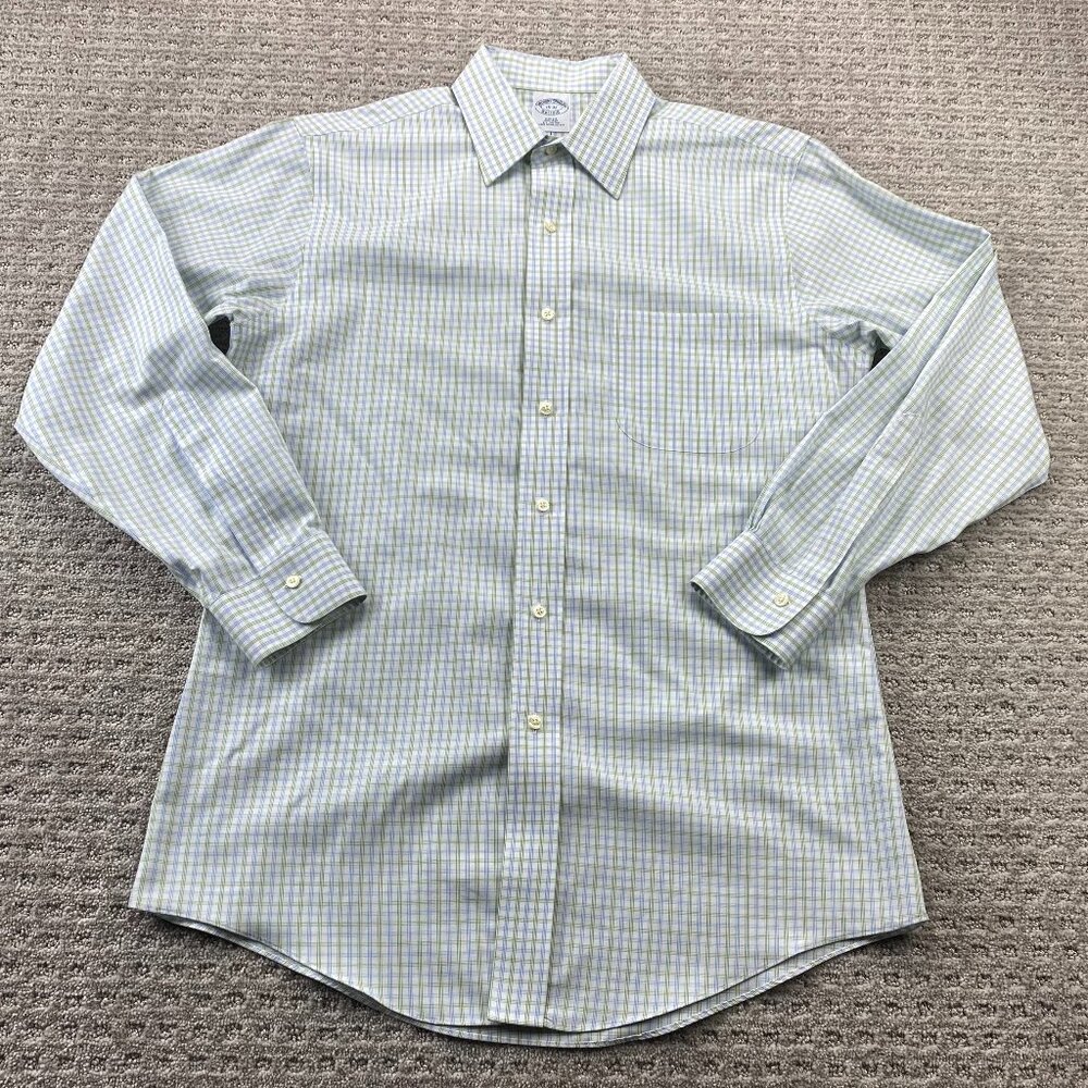 Brooks Brothers Button Up Shirt Men 15-32 Slim Fit Non-Iron White Green Check